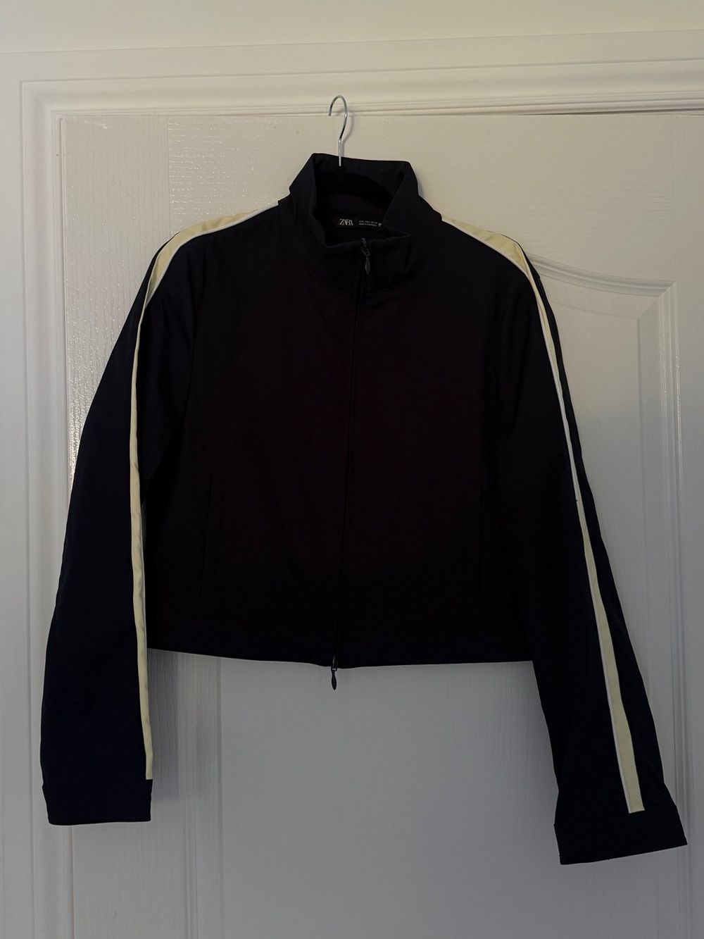 Zara Dark Navy Blue Bomber Jacket with Cream Stripe Detail
